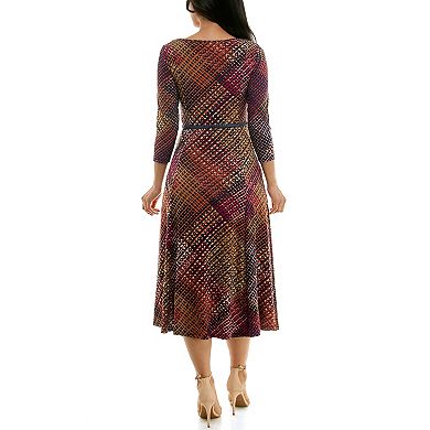 Women's Nina Leonard Sylvia Three-Quarter Sleeve Belted Midi Dress