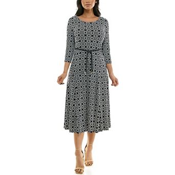 Women's Nina Leonard Sylvia Three-Quarter Sleeve Belted Midi Dress
