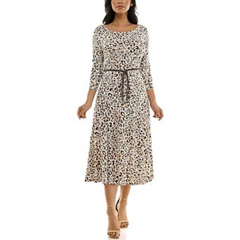 Women's Nina Leonard Sylvia Three-Quarter Sleeve Belted Midi Dress
