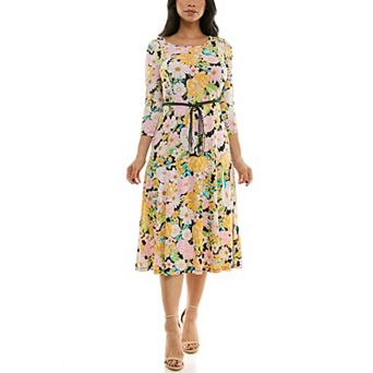 Women's Nina Leonard Sylvia Three-Quarter Sleeve Belted Midi Dress