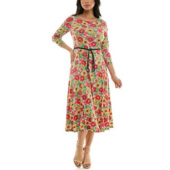 Women's Nina Leonard Sylvia Three-Quarter Sleeve Belted Midi Dress