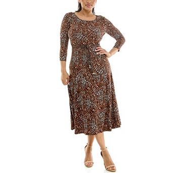 Women's Nina Leonard Sylvia Three-Quarter Sleeve Belted Midi Dress