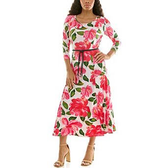 Women's Nina Leonard Sylvia Three-Quarter Sleeve Belted Midi Dress