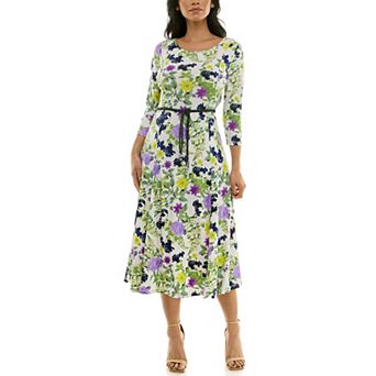 Women's Nina Leonard Sylvia Three-Quarter Sleeve Belted Midi Dress