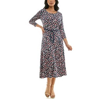 Women's Nina Leonard Sylvia Three-Quarter Sleeve Belted Midi Dress