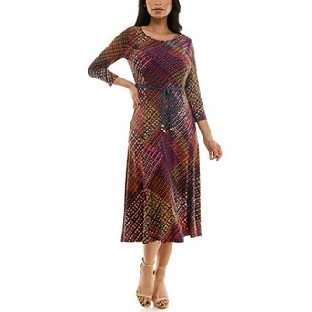 Women's Nina Leonard Sylvia Three-Quarter Sleeve Belted Midi Dress