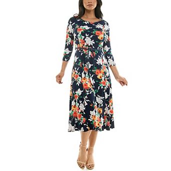 Women's Nina Leonard Sylvia Three-Quarter Sleeve Belted Midi Dress