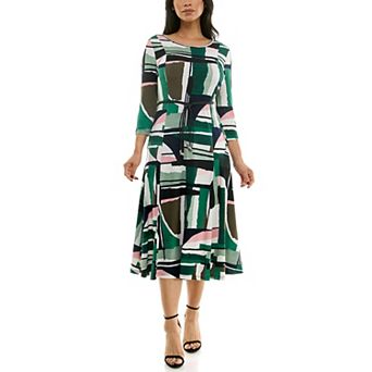 Women's Nina Leonard Sylvia Three-Quarter Sleeve Belted Midi Dress