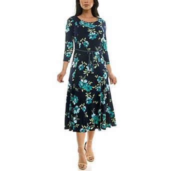 Women's Nina Leonard Sylvia Three-Quarter Sleeve Belted Midi Dress