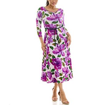 Women's Nina Leonard Sylvia Three-Quarter Sleeve Belted Midi Dress