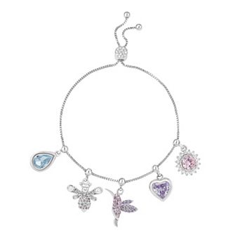 Brilliance Silver Tone Multi Color Cubic Zirconia Hummingbird Slider Charms Adjustable Bracelet