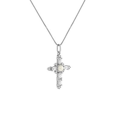 PRIMROSE Sterling Silver Simulated Pearl & Pave Cubic Zirconia Cross Box Chain Pendant Necklace