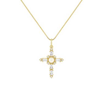 PRIMROSE Sterling Silver Simulated Pearl & Pave Cubic Zirconia Cross Box Chain Pendant Necklace