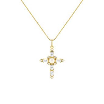 PRIMROSE Sterling Silver Simulated Pearl & Pave Cubic Zirconia Cross Box Chain Pendant Necklace