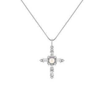 PRIMROSE Sterling Silver Simulated Pearl & Pave Cubic Zirconia Cross Box Chain Pendant Necklace