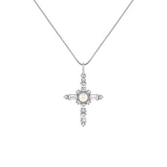 PRIMROSE Sterling Silver Simulated Pearl & Pave Cubic Zirconia Cross Box Chain Pendant Necklace