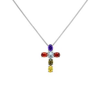 PRIMROSE Sterling Silver Multi Color Cubic Zirconia Cross Box Chain Pendant Necklace