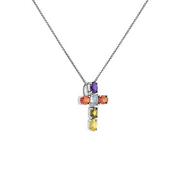 PRIMROSE Sterling Silver Multi Color Cubic Zirconia Cross Box Chain Pendant Necklace