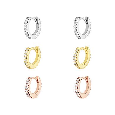Brilliance Tri Tone 18k Gold Flash Plated Pave Cubic Zirconia Hoop Earring Trio Set