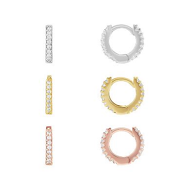 Brilliance Tri Tone 18k Gold Flash Plated Pave Cubic Zirconia Hoop Earring Trio Set