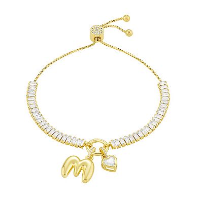 Brilliance Silver Plated Cubic Zirconia Heart Charm & Bubble Initial Charm Bracelet