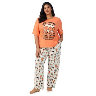 Plus Size Peanuts Snoopy Great Pumpkin Welcome Committee Boxy Pajama Top & Pajama Pants Set