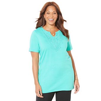 Catherines Women's Plus Size Easy Fit Embroidered Notch-Neck Tunic