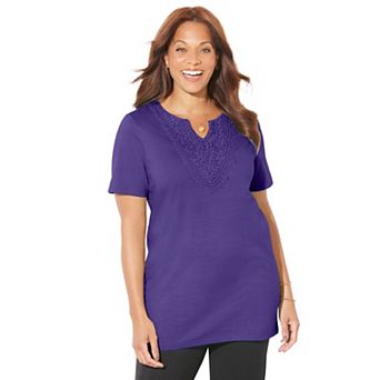Catherines Women's Plus Size Easy Fit Embroidered Notch-Neck Tunic