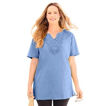 Catherines Women's Plus Size Easy Fit Embroidered Notch-Neck Tunic
