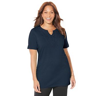 Catherines Women's Plus Size Easy Fit Embroidered Notch-Neck Tunic