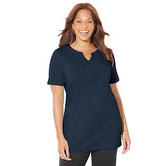 Catherines Women's Plus Size Easy Fit Embroidered Notch-Neck Tunic