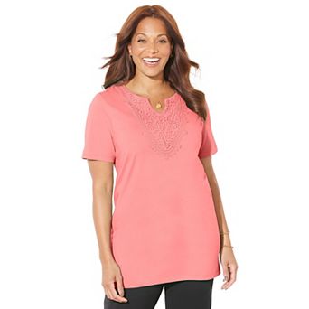 Catherines Women's Plus Size Easy Fit Embroidered Notch-Neck Tunic