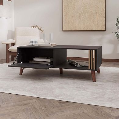 Govan Coffee Table with a Door, Conical Legs, and Open Storage, Wengue