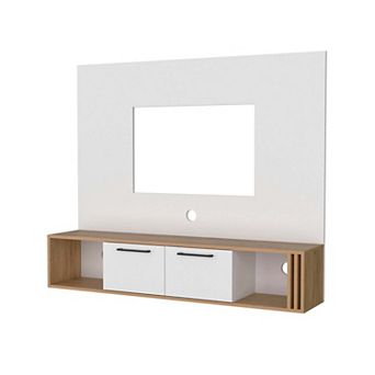 Lesslie Entertainment Center Multistorage and Cable Management, White and Natural Oak