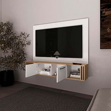 Lesslie Entertainment Center Multistorage and Cable Management, White and Natural Oak