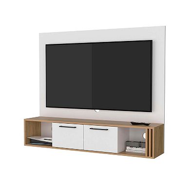 Lesslie Entertainment Center Multistorage and Cable Management, White and Natural Oak