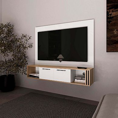 Lesslie Entertainment Center Multistorage and Cable Management, White and Natural Oak