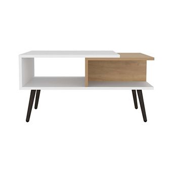 Hack Berry Coffee Table with Open Storage and Conical Legs , White + Natural Oak