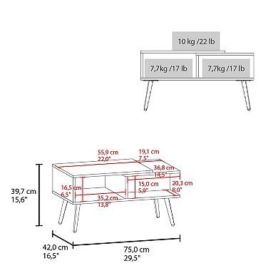 Hack Berry Coffee Table with Open Storage and Conical Legs , White + Natural Oak