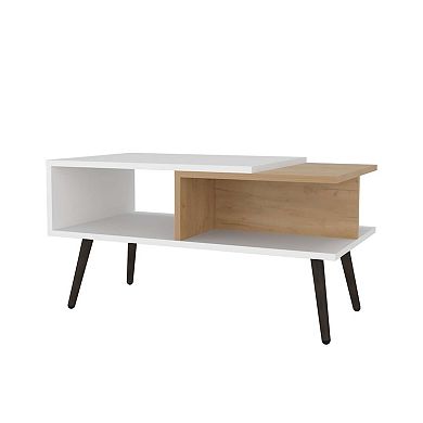 Hack Berry Coffee Table with Open Storage and Conical Legs , White + Natural Oak