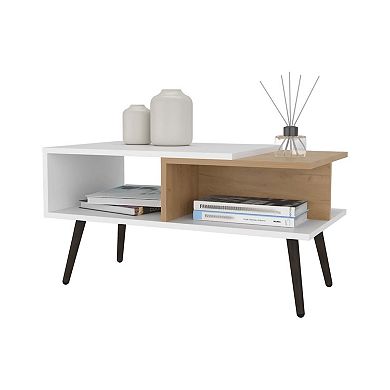 Hack Berry Coffee Table with Open Storage and Conical Legs , White + Natural Oak