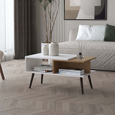 Hack Berry Coffee Table with Open Storage and Conical Legs , White + Natural Oak