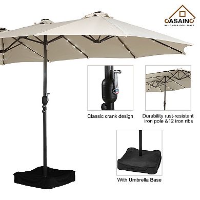 Casainc 15 Ft. Steel Patio Double-side Market Umbrella With Base And Solar Light With Base