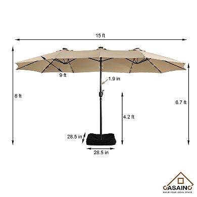 Casainc 15 Ft. Steel Patio Double-side Market Umbrella With Base And Solar Light With Base