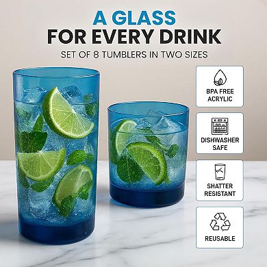 Zulay Kitchen Acrylic Glasses Drinkware - 8 Piece Unbreakable Plastic Tumblers 12oz and 16oz