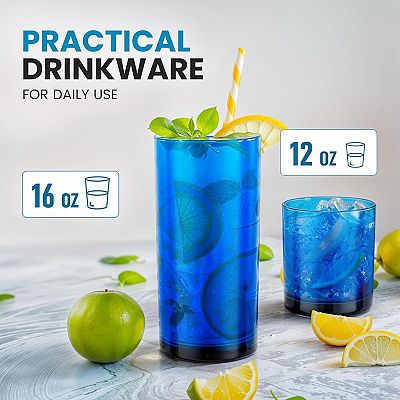 Acrylic Glasses Drinkware - Set of 8 - 12 & 16 oz - Dark Blue
