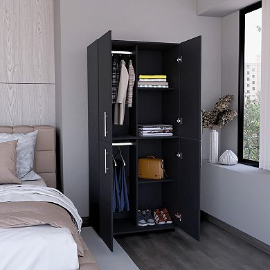 Hazel 70" High Four-door Armoire Wardrove Closet Cabinet, Six Shelves And Two Hanging Rods Black.