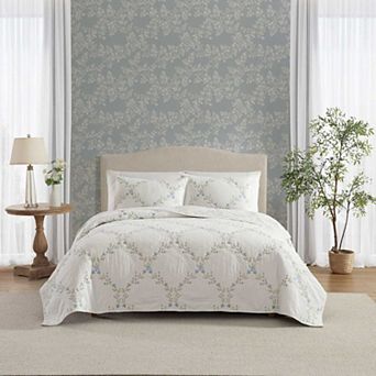 Laura Ashley Floral Embroidery Blue Quilt Set