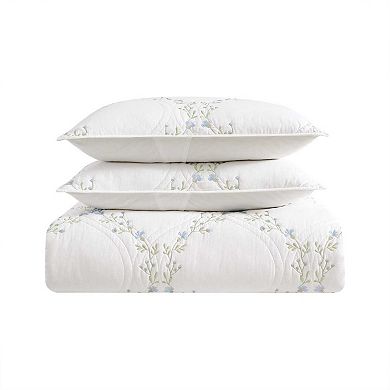 Laura Ashley Floral Embroidery Blue Quilt Set