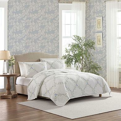 Laura Ashley Floral Embroidery Blue Quilt Set
